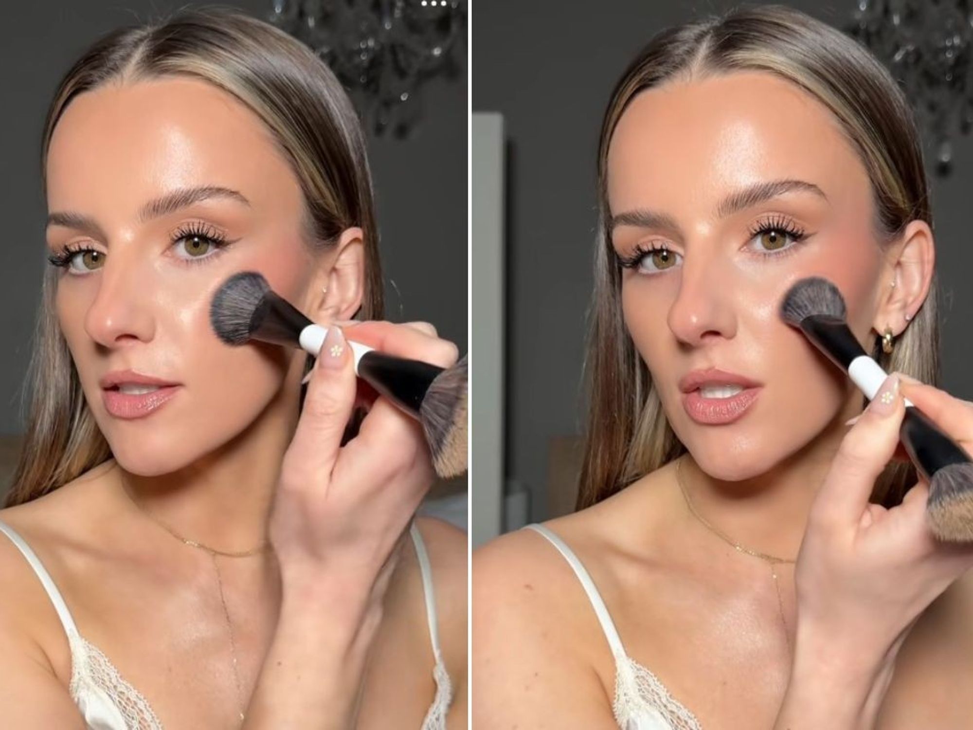 Julia demonstrating incorrect blusher application (left) and correct blusher application (right)