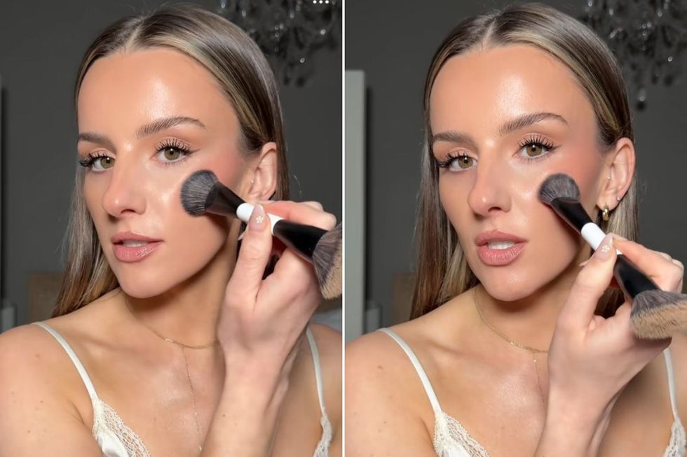 Julia demonstrating incorrect blusher application (left) and correct blusher application (right)