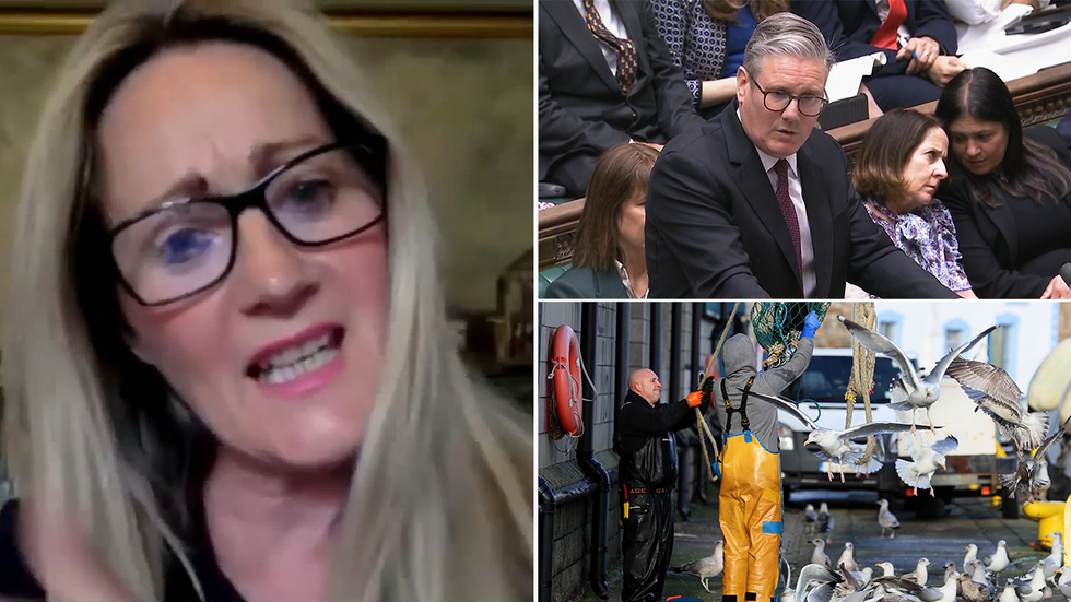 June Mummery with inset images of British fishers and Keir Starmer