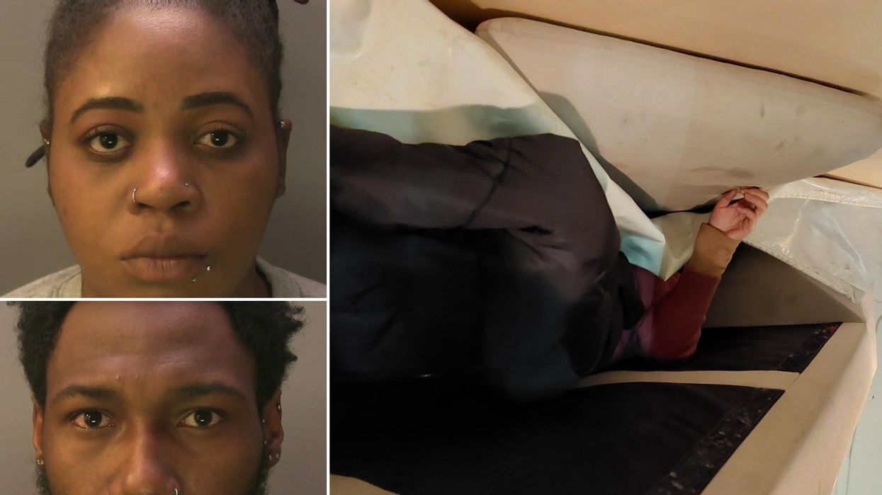 Junior Toussaint, Andrene Paul and child stuffed down back of sofa