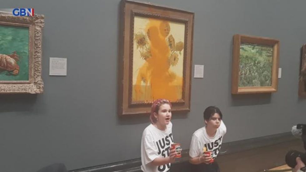 Just Stop Oil protesters throw soup over Vincent Van Gogh's Sunflowers painting in National Gallery