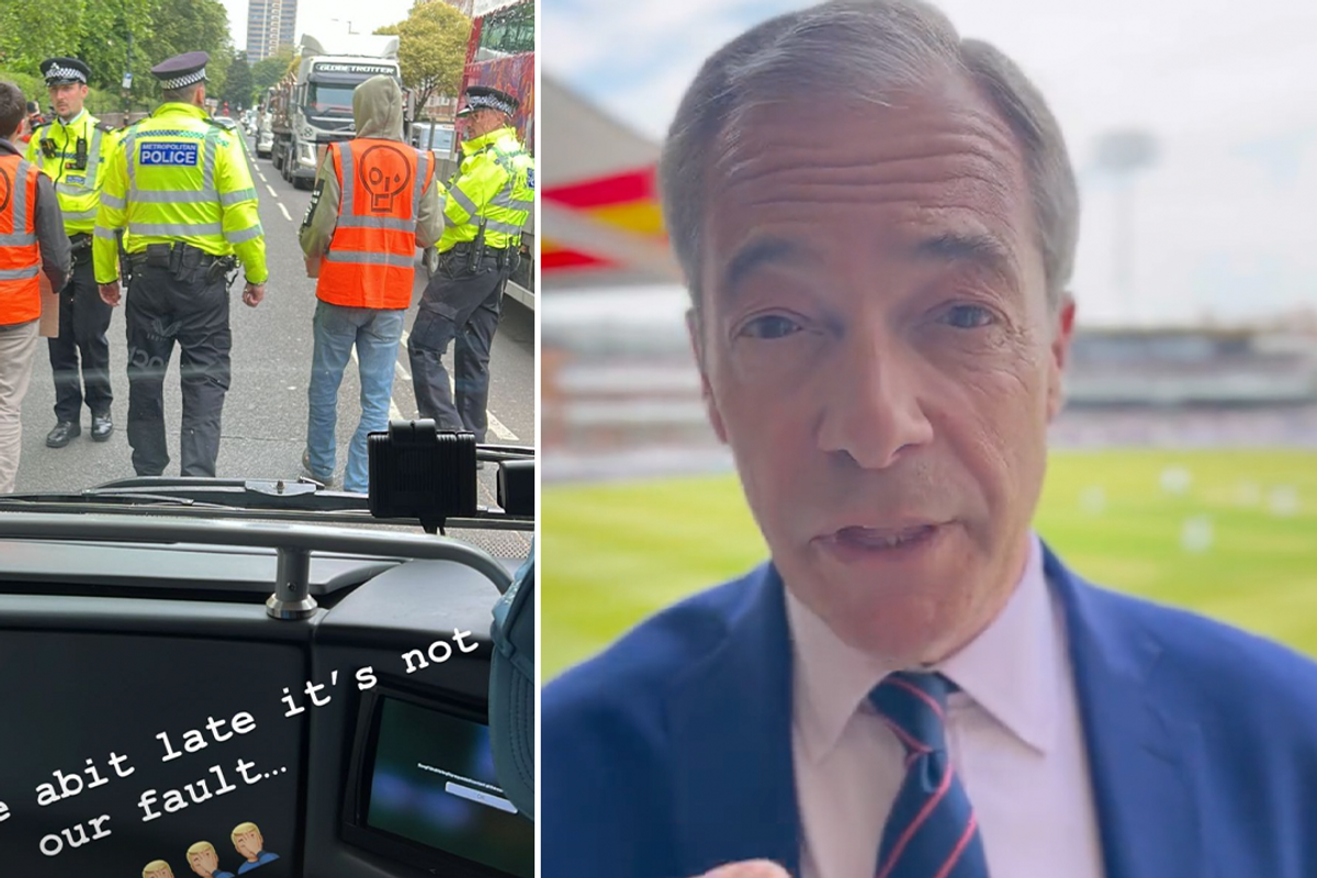 Just Stop Oil protesters delay the England bus (left) and Nigel Farage at Lord's (right)