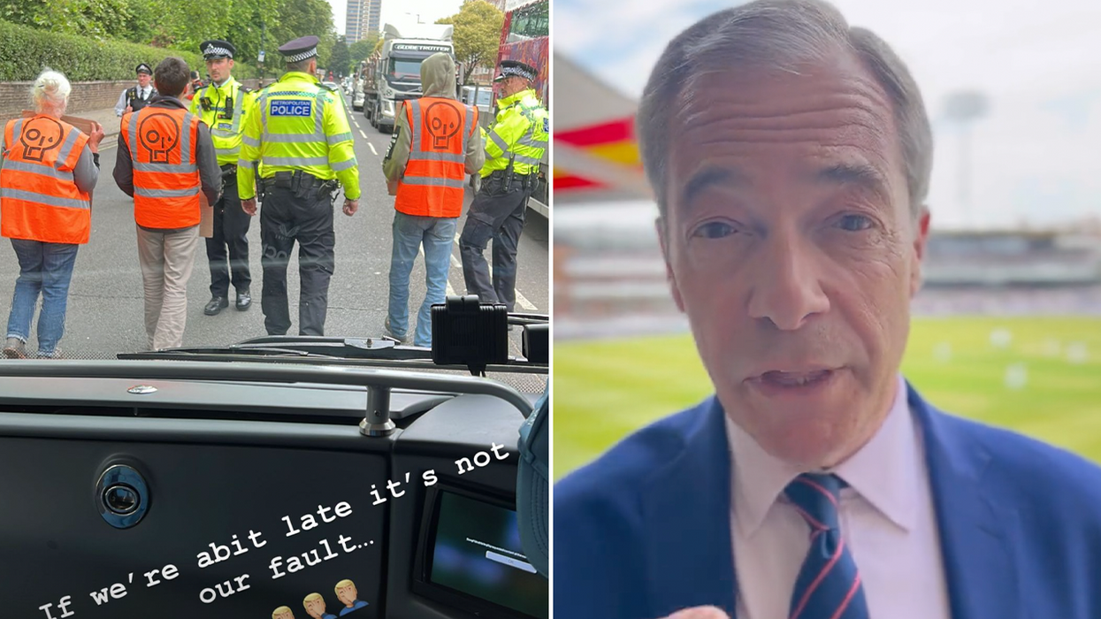 Just Stop Oil protesters delay the England bus (left) and Nigel Farage at Lord's (right)