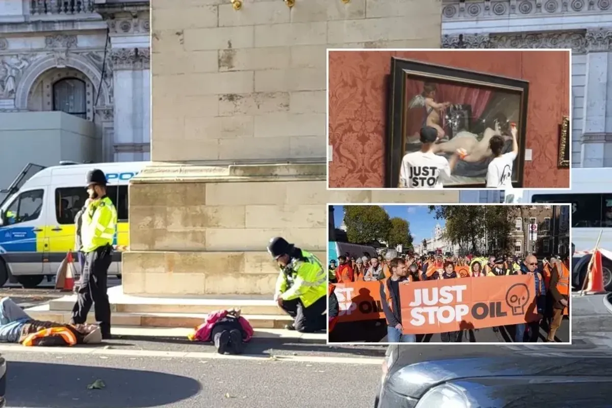 Now Just Stop Oil protest near Cenotaph and use HAMMERS to smash up National Gallery painting in outrage at Sunak's oil pledge