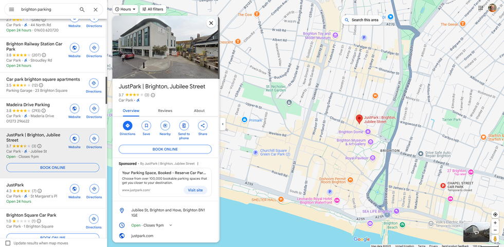JustPark parking booking on Google Maps
