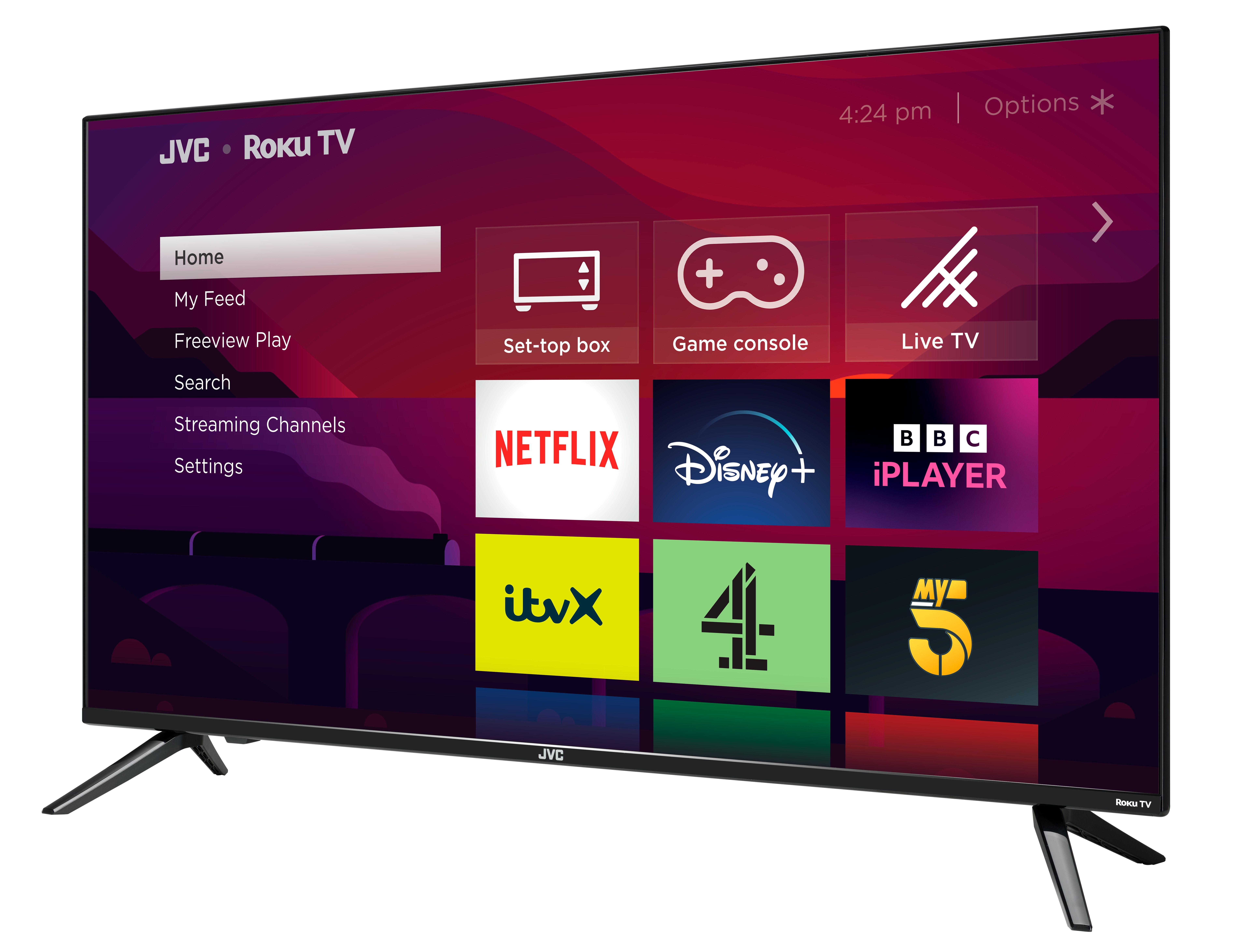 JVC pictured on a white background Roku TV with the same menu of apps showing on-screen