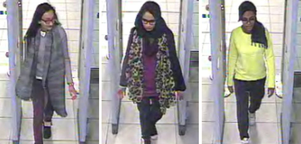 Kadiza Sultana,16, Shamima Begum,15 and 15-year-old Amira Abase going through security at Gatwick airport, before they caught their flight to Turkey on Tuesday.
