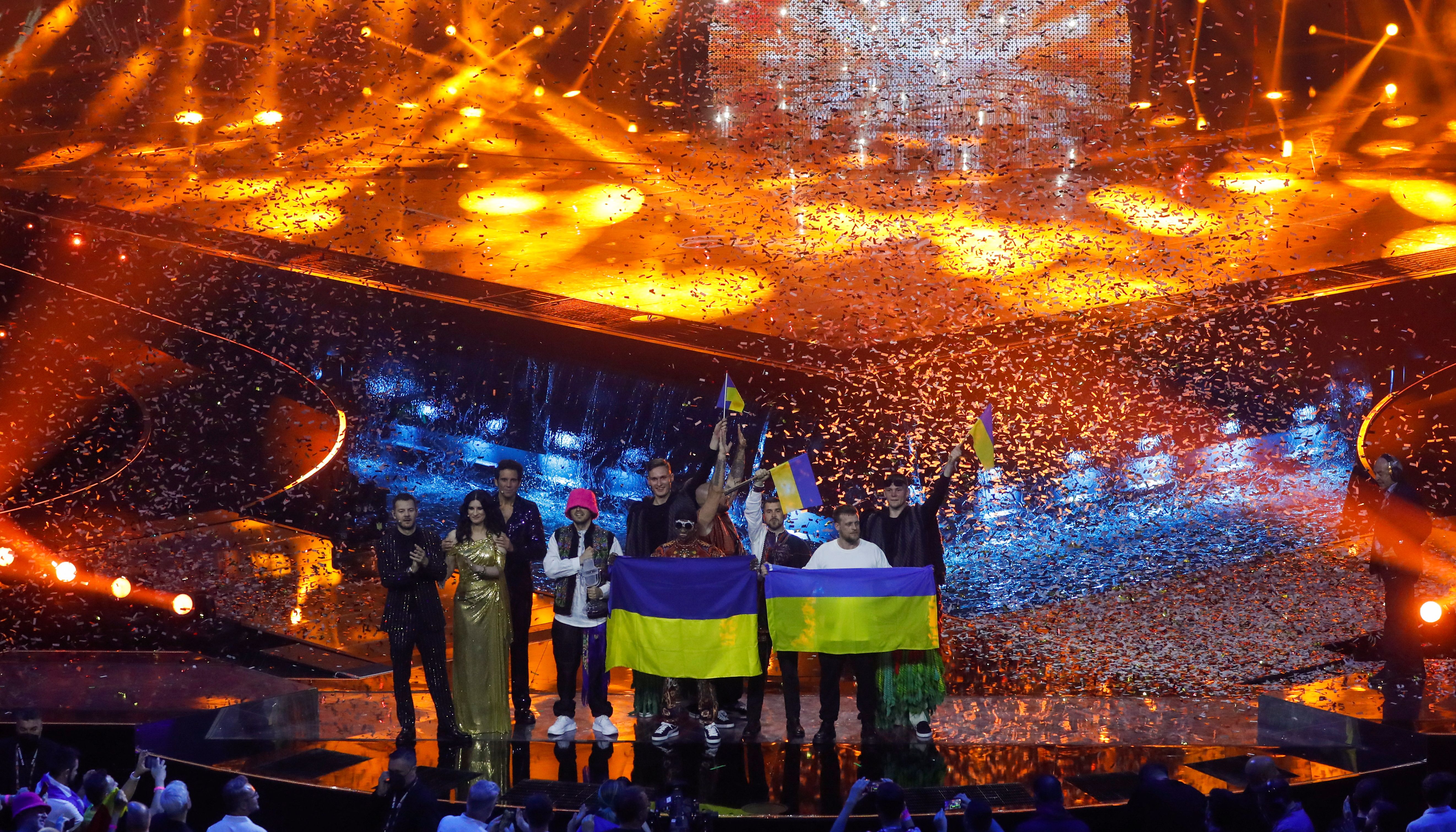 Kalush Orchestra from Ukraine appear on stage after winning the 2022 Eurovision Song Contest in Turin, Italy, May 15, 2022. REUTERS/Yara Nardi