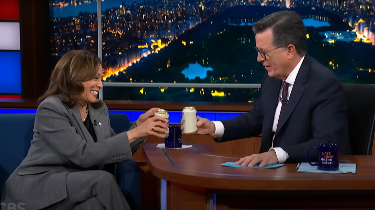 Kamala Harris and Stephen Colbert