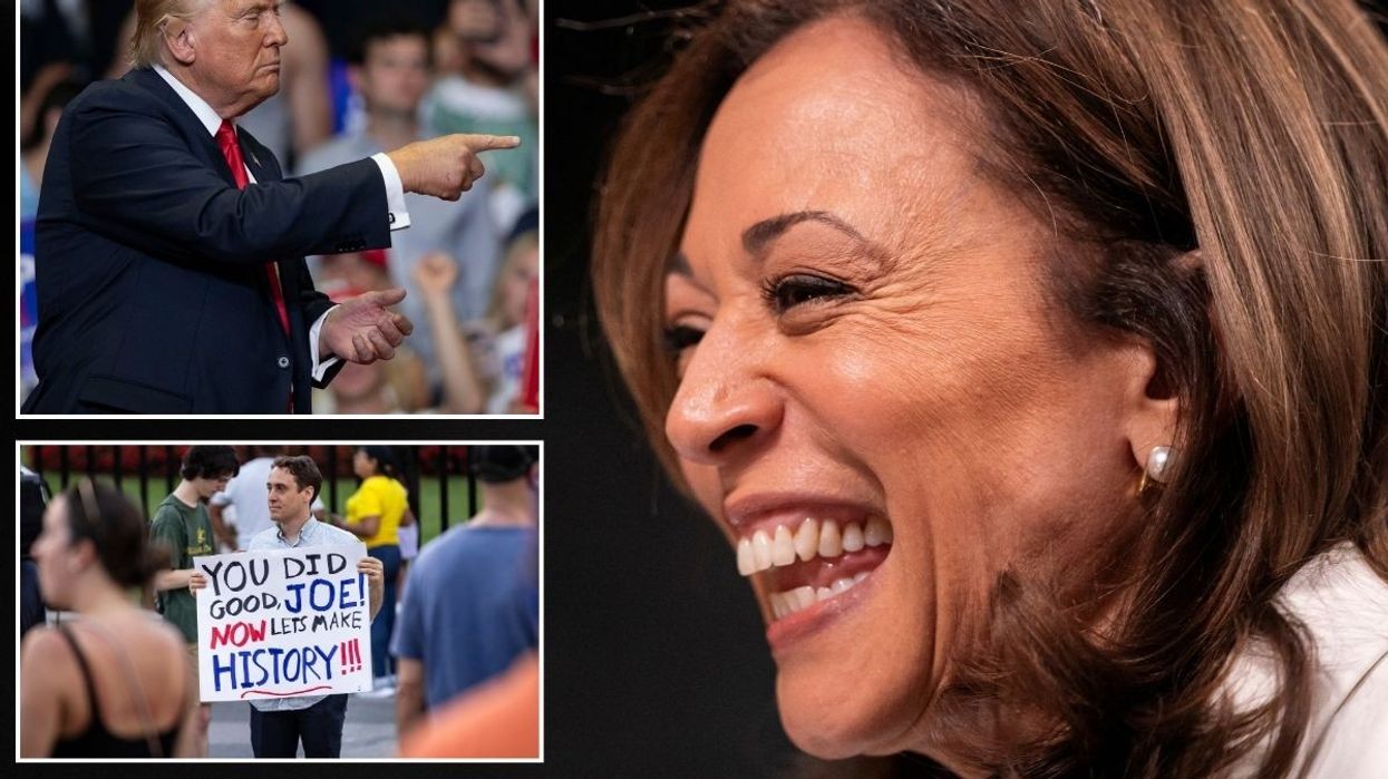 Kamala Harris with insets of Donald Trump and a Joe Biden supporter outside the White House