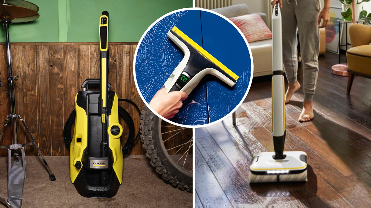 karcher pressure washer pictured in a garage with an inset image of a handheld window vacuum