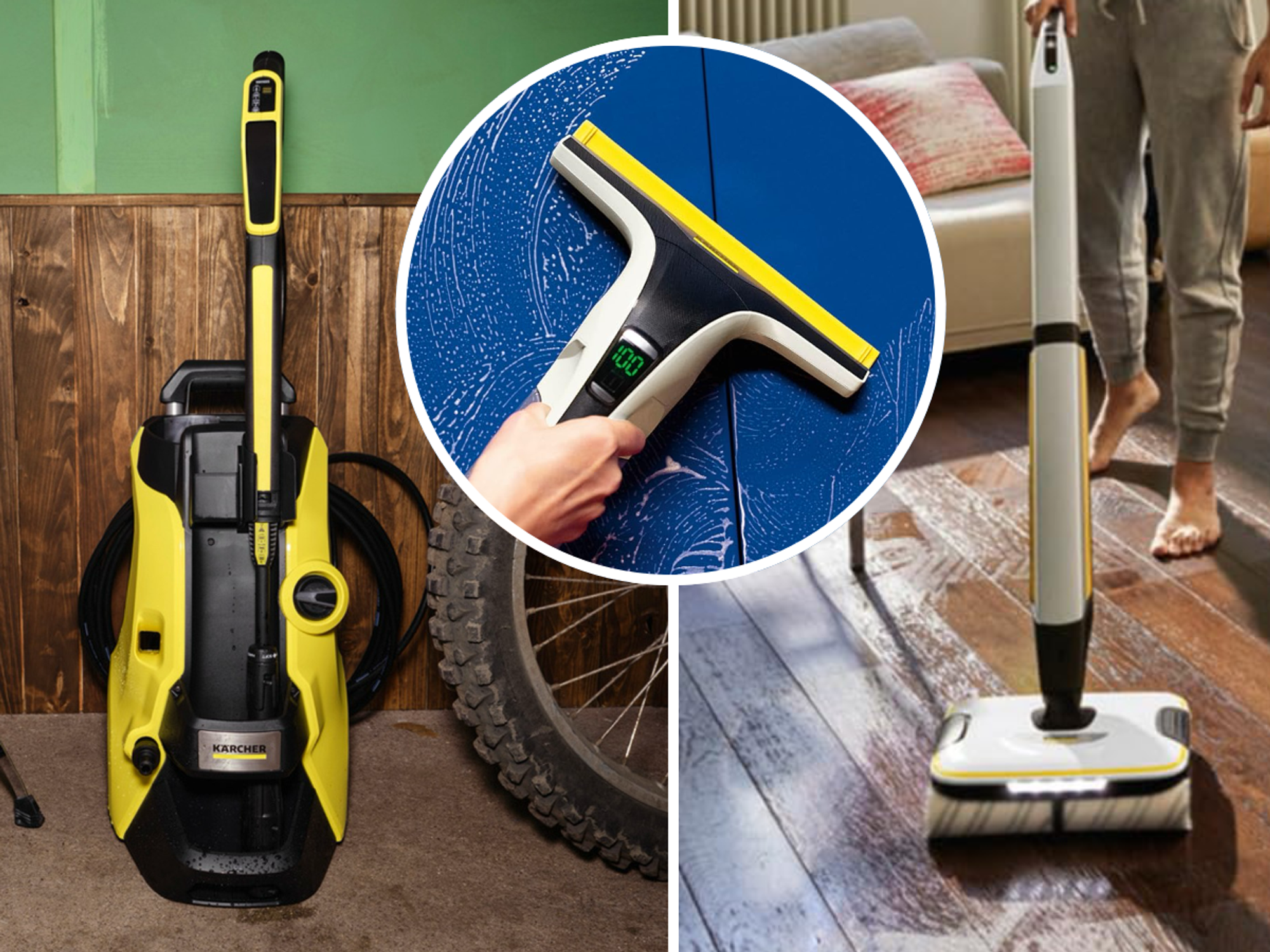 karcher pressure washer pictured in the garage with a handheld window vacuum in an inset image
