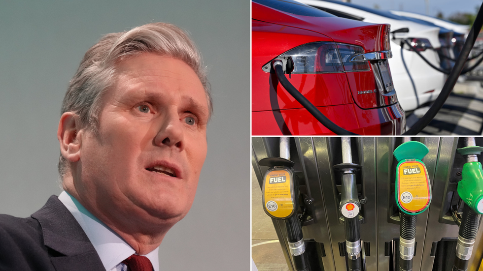 Keir Starmer, an electric car charging point and a petrol pump