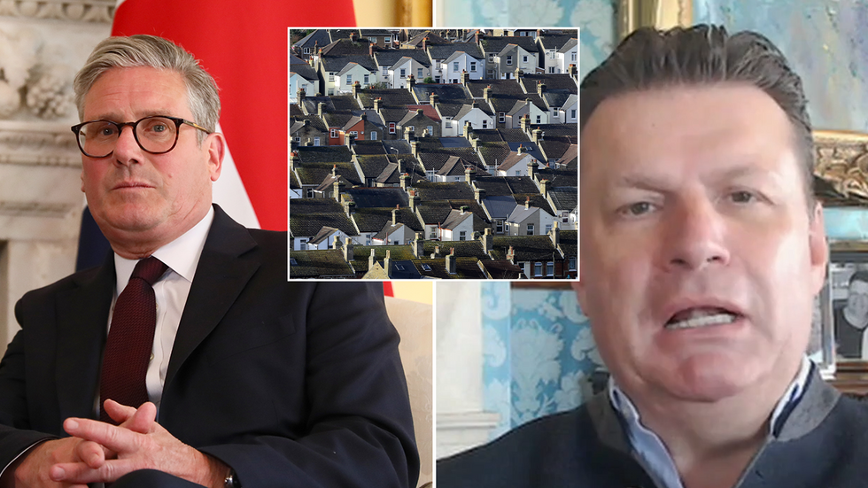 Keir Starmer, an inset of a row of houses and John Mappin