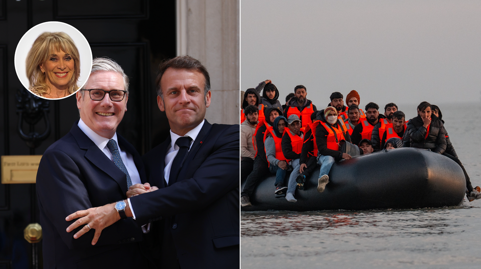 Keir Starmer and Emmanuel Macron (left), boat migrants (right)