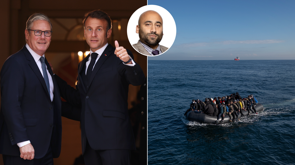 Keir Starmer and Emmanuel Macron (left), small boats (right)