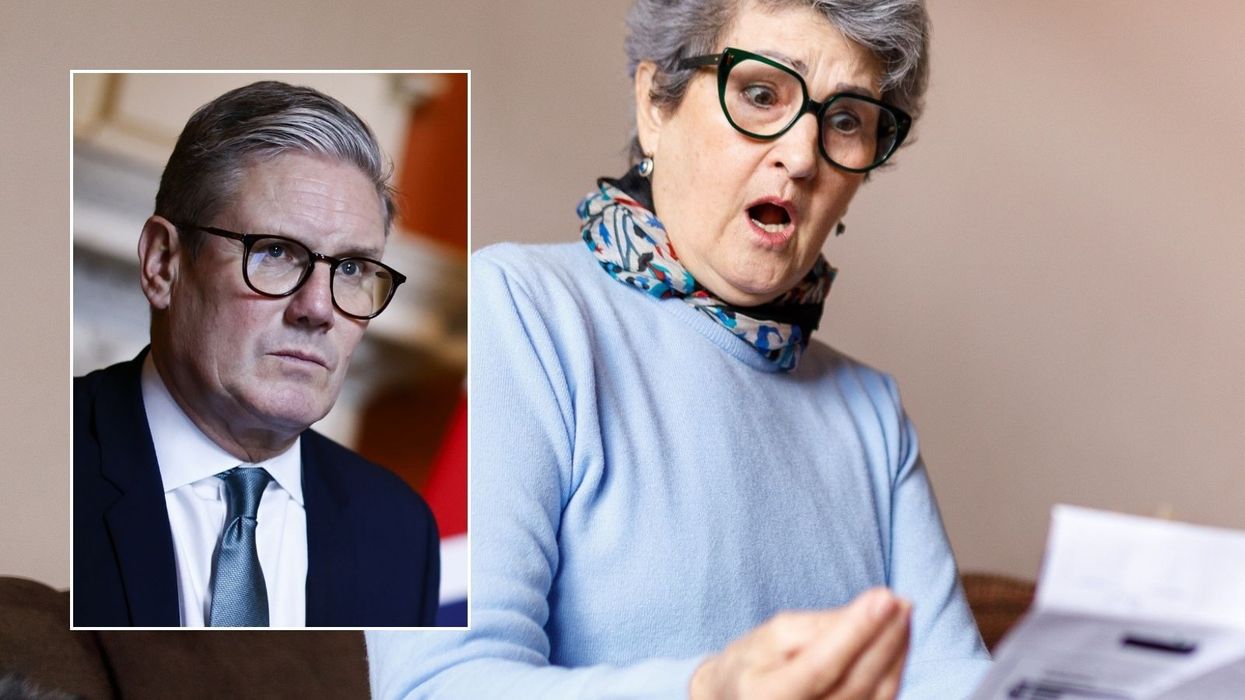 Keir Starmer and older woman looking at pension statement
