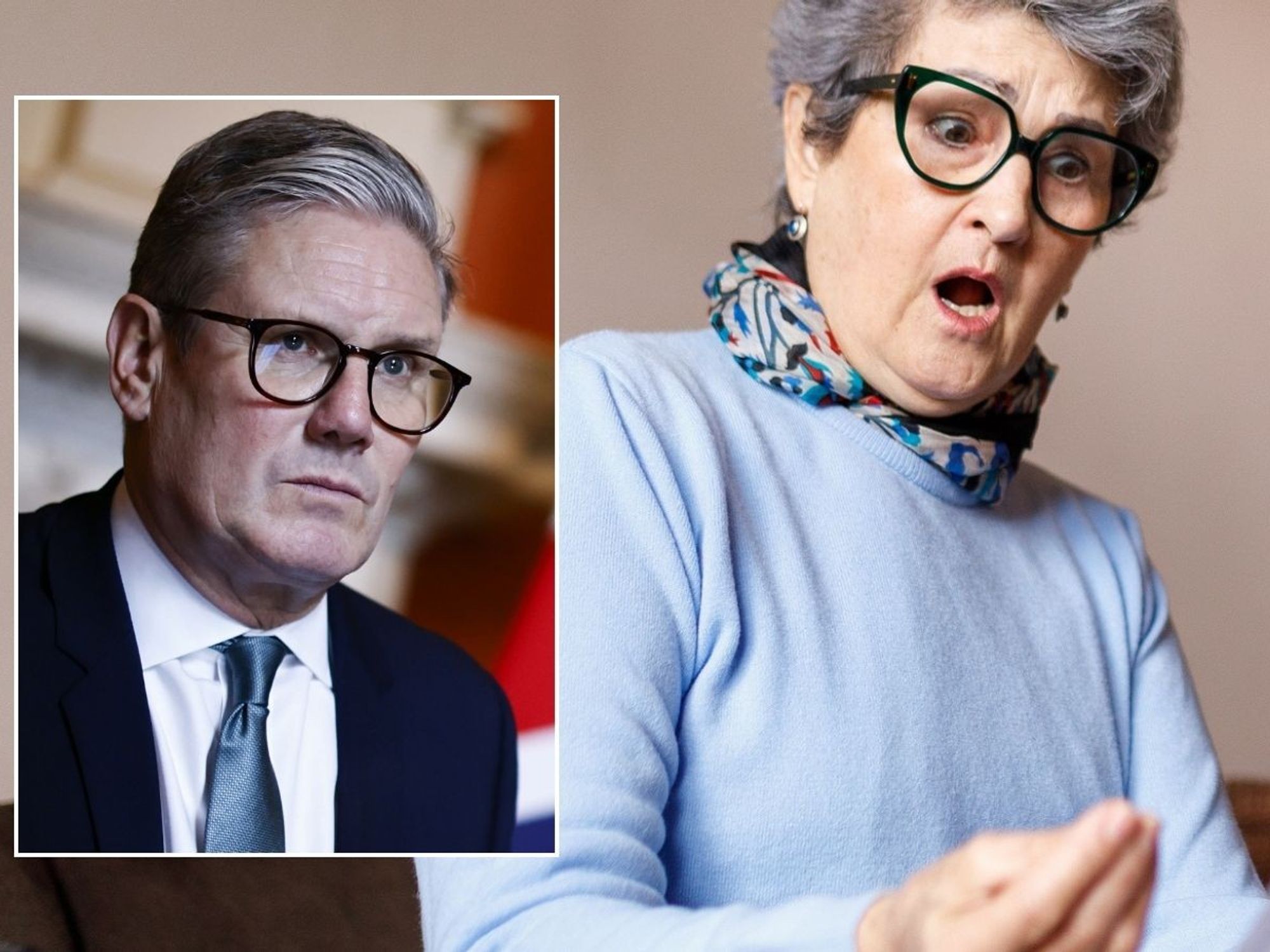 Keir Starmer and older woman looking at pension statement