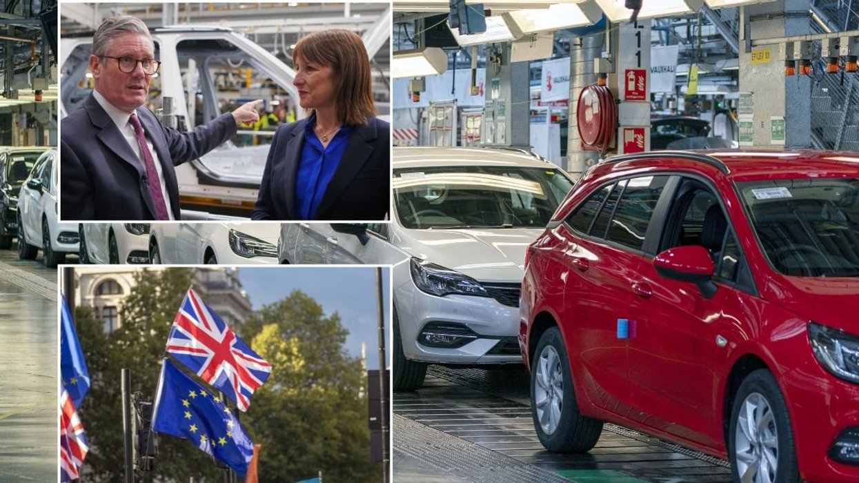 Keir Starmer and Rachel Reeves at a JLR plant, a Vauxhall factory and an EU and UK flag