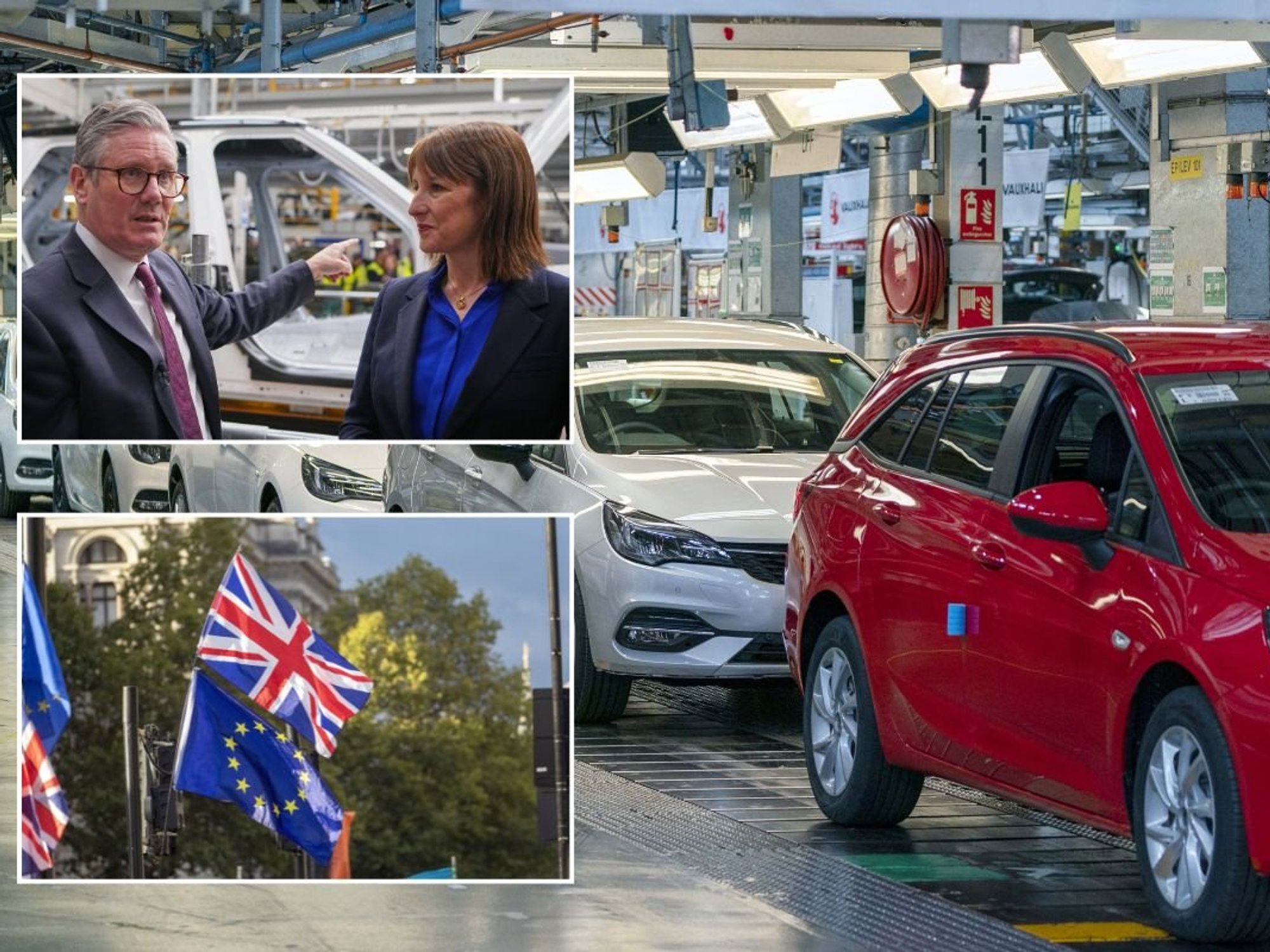 Keir Starmer and Rachel Reeves at a JLR plant, a Vauxhall factory and an EU and UK flag