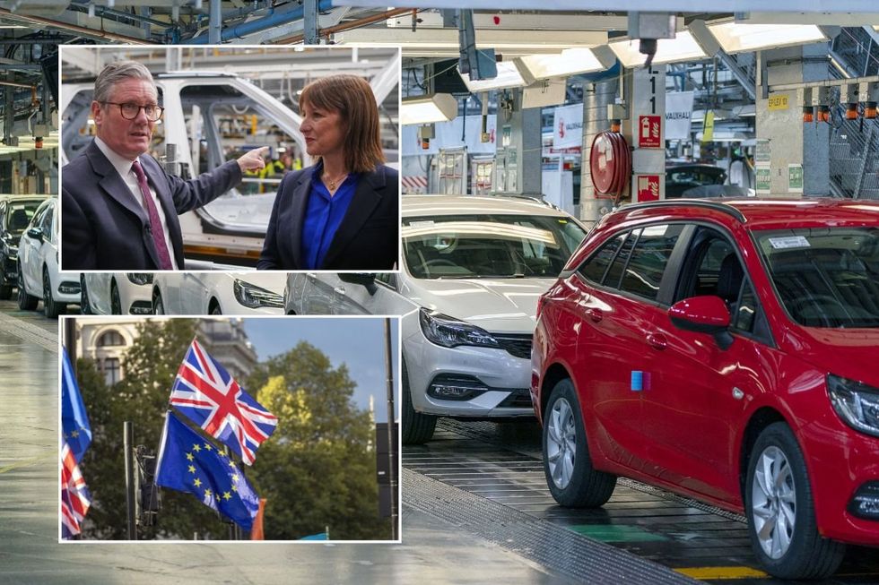 Keir Starmer and Rachel Reeves at a JLR plant, a Vauxhall factory and an EU and UK flag