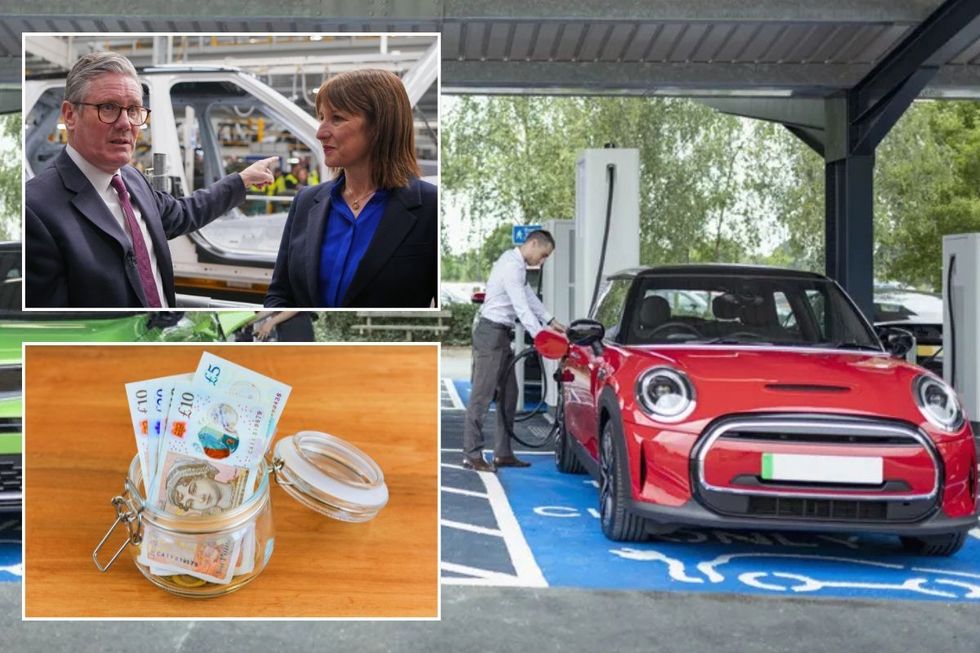 Keir Starmer and Rachel Reeves at the JLR factory, a pot of money and a man charging an electric car