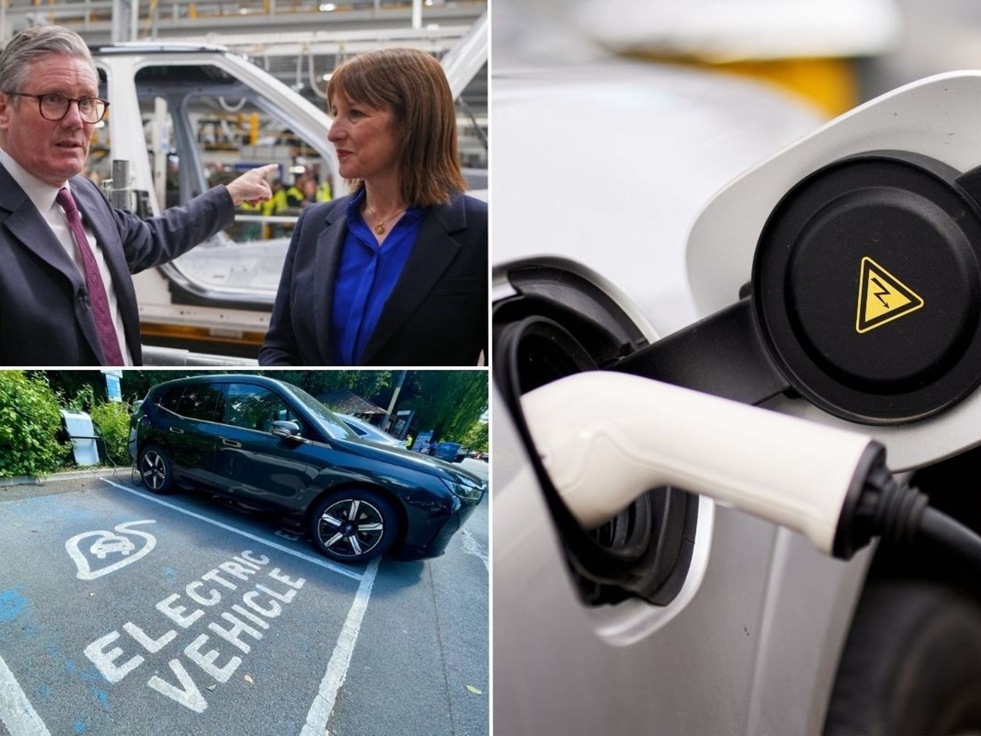Keir Starmer and Rachel Reeves at the JLR factory, and an electric car charging
