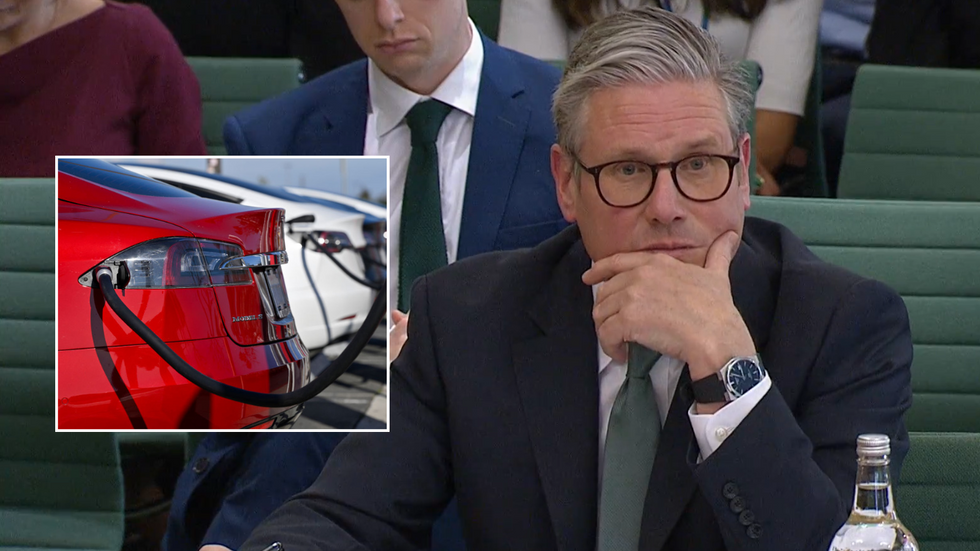 Keir Starmer at parliament meeting and electric car charger