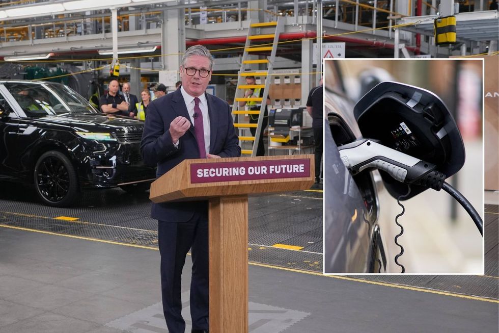 Keir Starmer at the Jaguar Land Rover factory and an EV charger