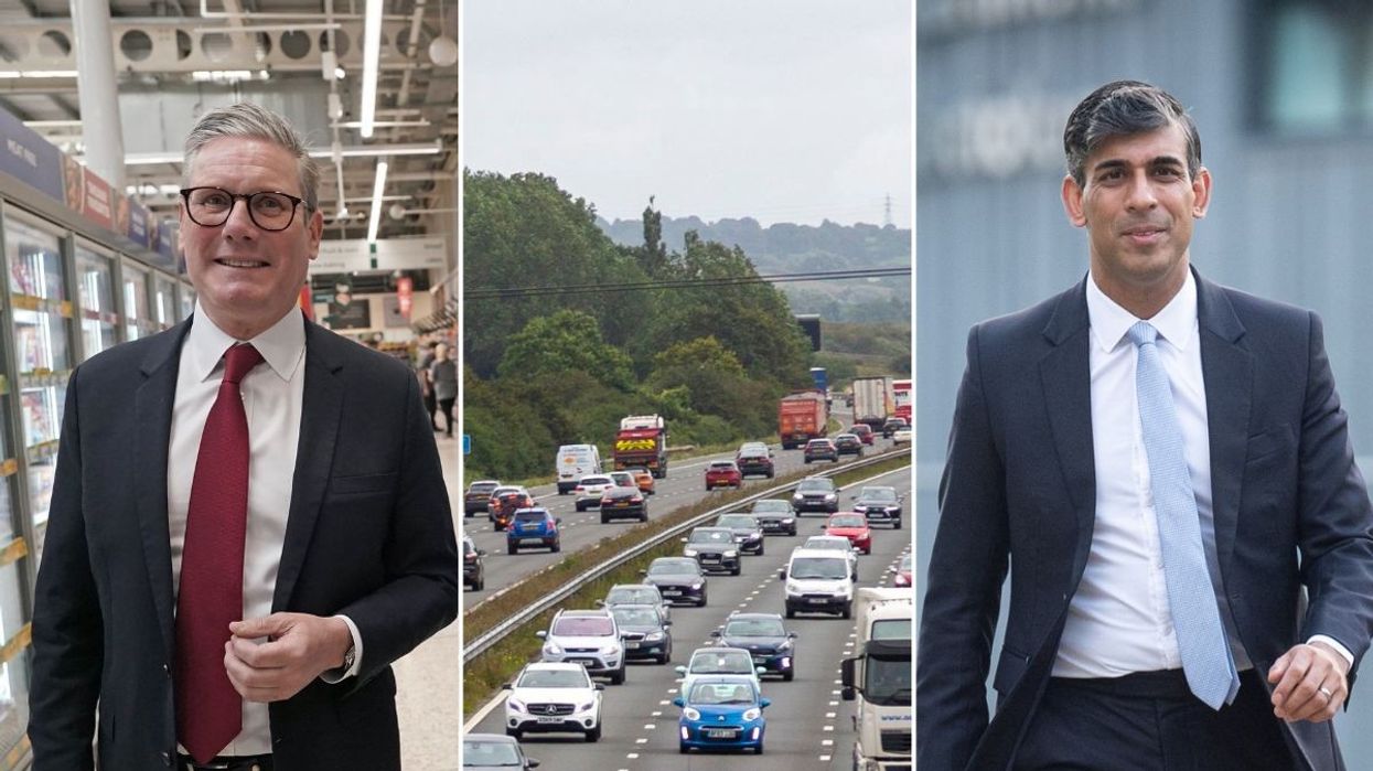 Keir Starmer, cars driving on a UK motorway and Rishi Sunak