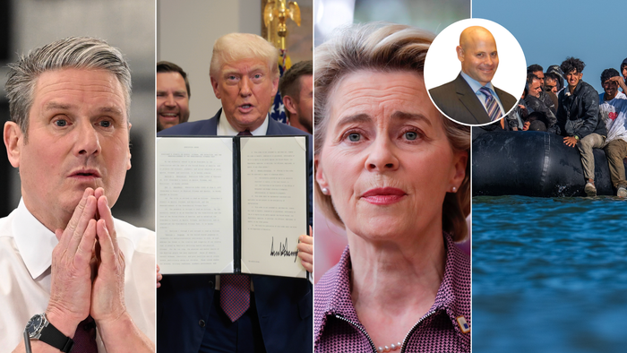 Keir Starmer (far left), Donald Trump (second left), Ursula von der Leyen (third left), small boat crossing (right)
