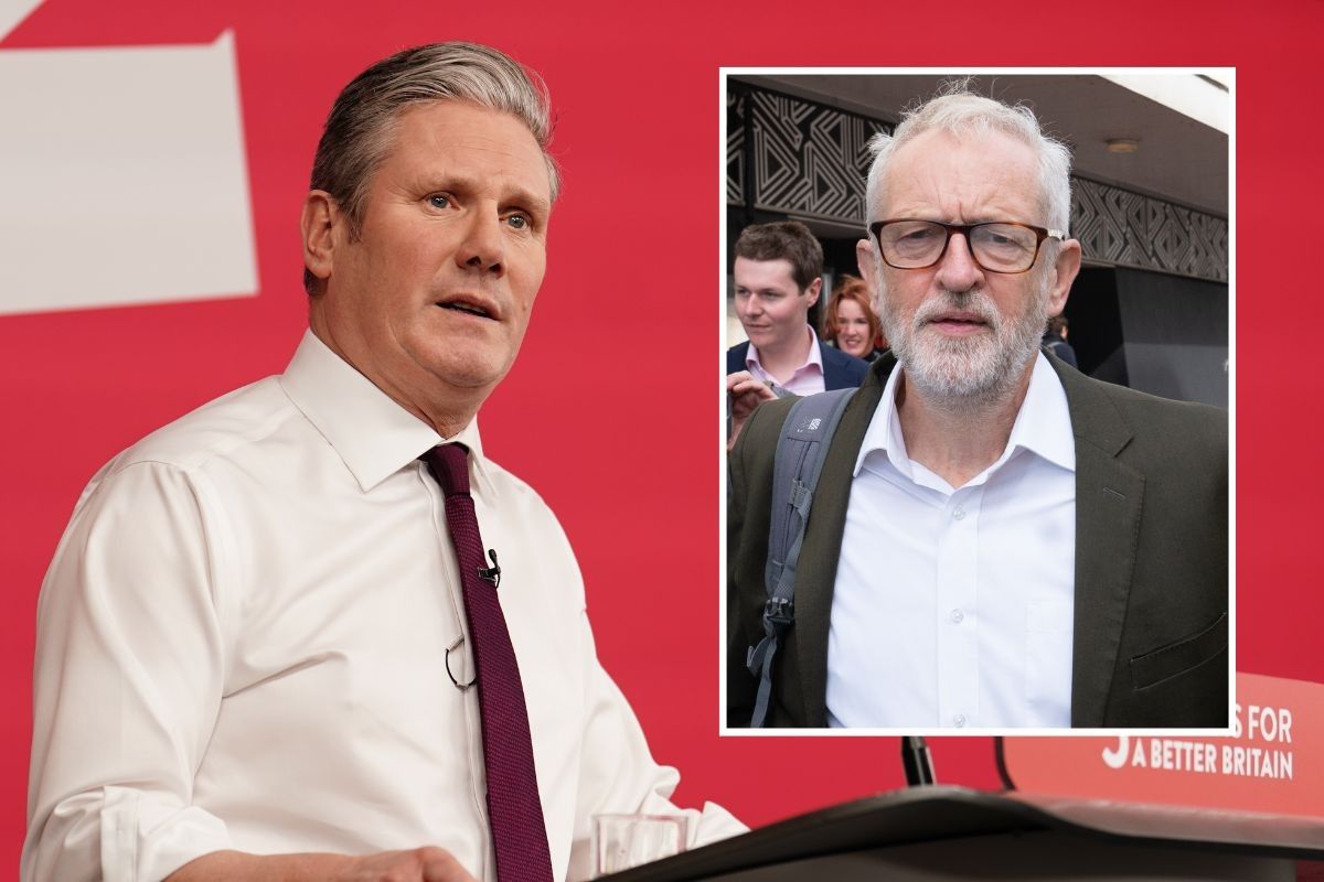 Keir Starmer giving a speech and Jeremy Corbyn inset