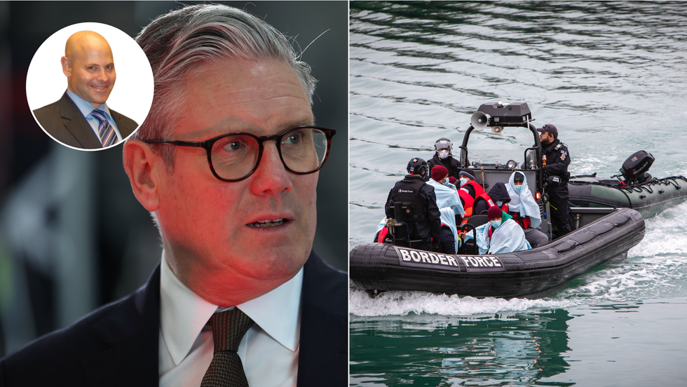 Keir Starmer (left), boats (right)