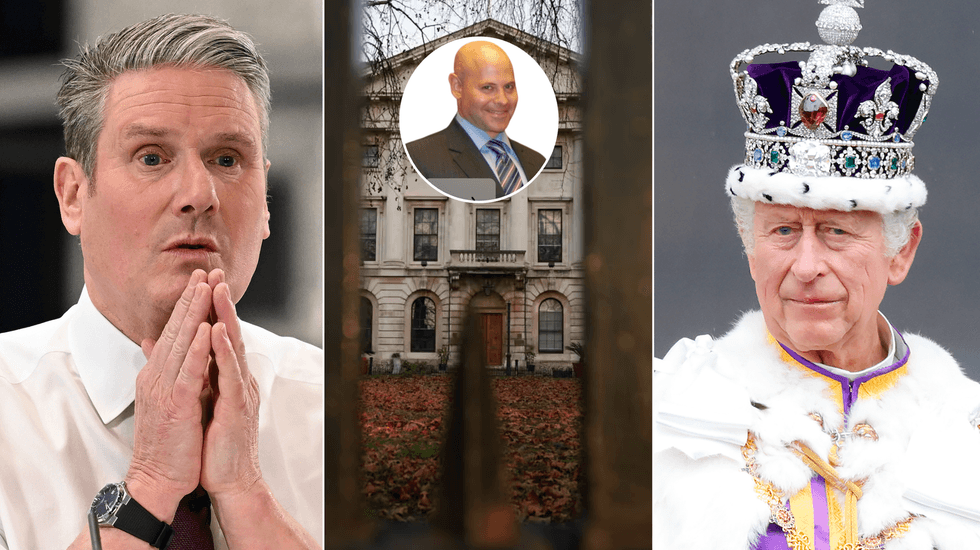 Keir Starmer (left), Chinese spy embassy (right), King Charles (right)