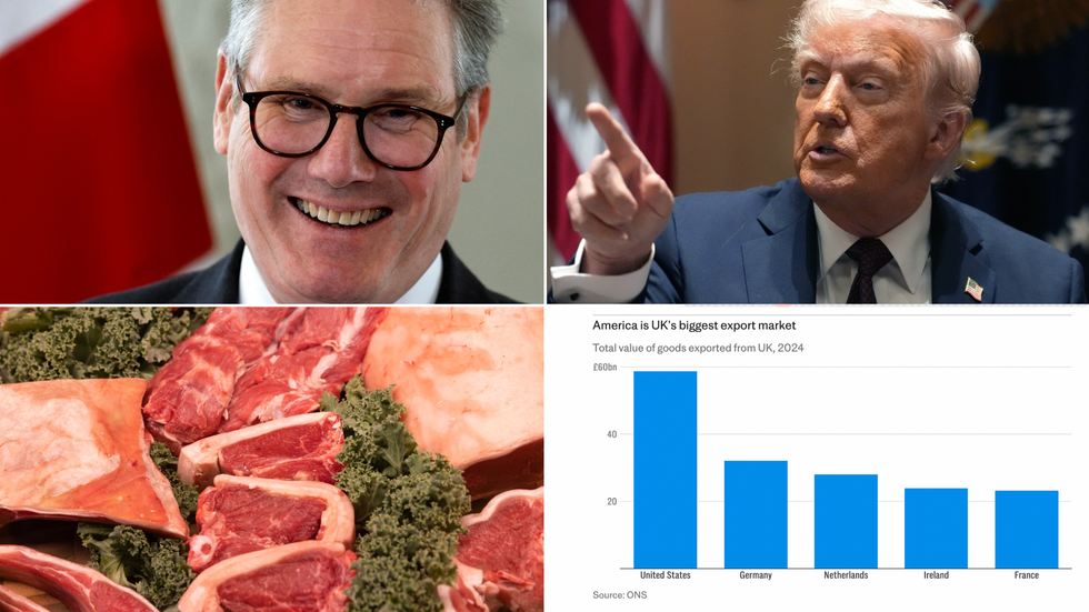 Keir Starmer (left), Donald Trump (right), meat (bottom left), chart showing UK's biggest export markets (bottom right)