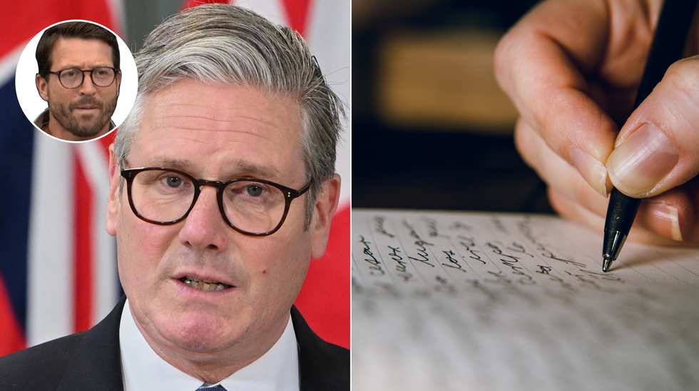 Keir Starmer (left), handwriting test (right)