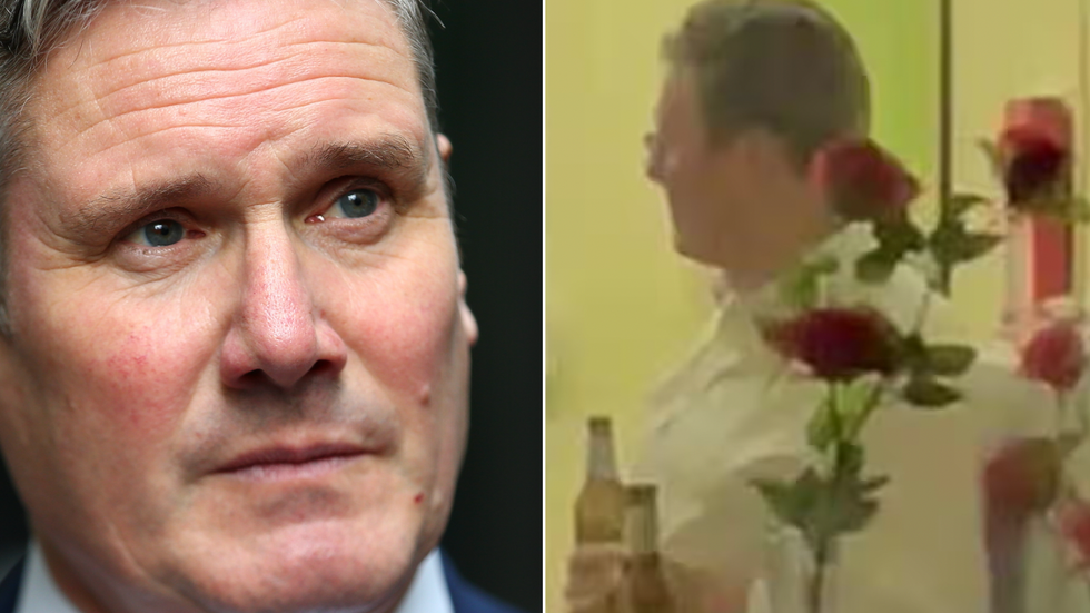 Keir Starmer (left), Keir Starmer photographed drinking beer in a Labour party office in Durham in April 2021 (right)