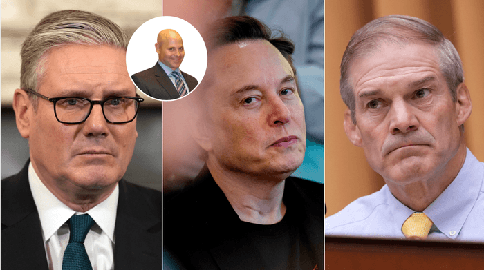 Keir Starmer (left), Lee Cohen (second in), Elon Musk (middle), U.S. Rep. Jim Jordan (far right)