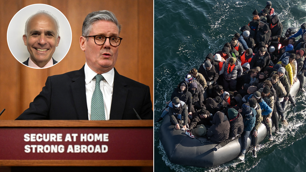 Keir Starmer (left), migrants cross Channel (right)