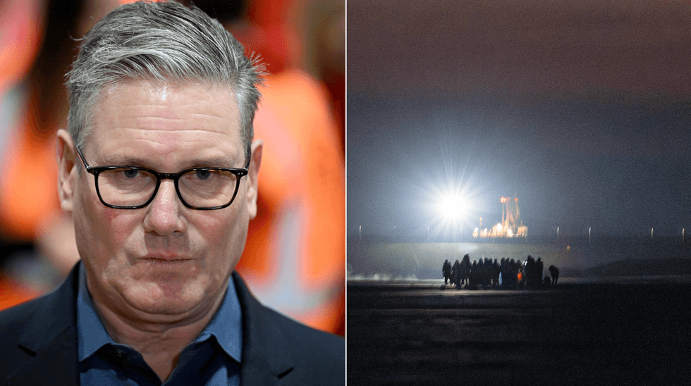 Keir Starmer (left), Migrants wait to board a smuggler's boat in an attempt to cross the English Channel off the beach of Gravelines, northern France (right)