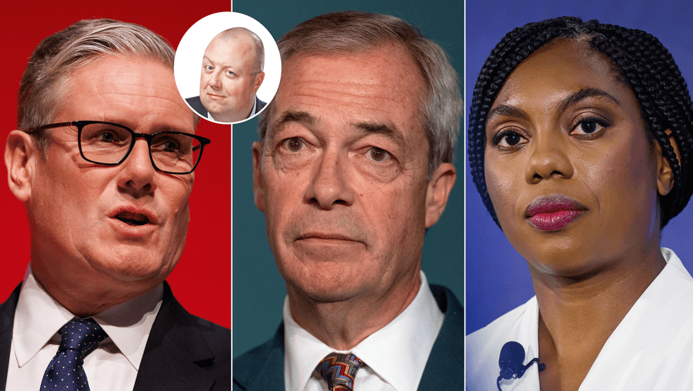 Keir Starmer (left), Nigel Farage (middle), Kemi Badenoch (right)