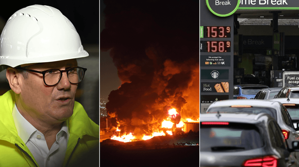 Keir Starmer (left), oil depot struck in Tehran (middle), queue for petrol garage (right)