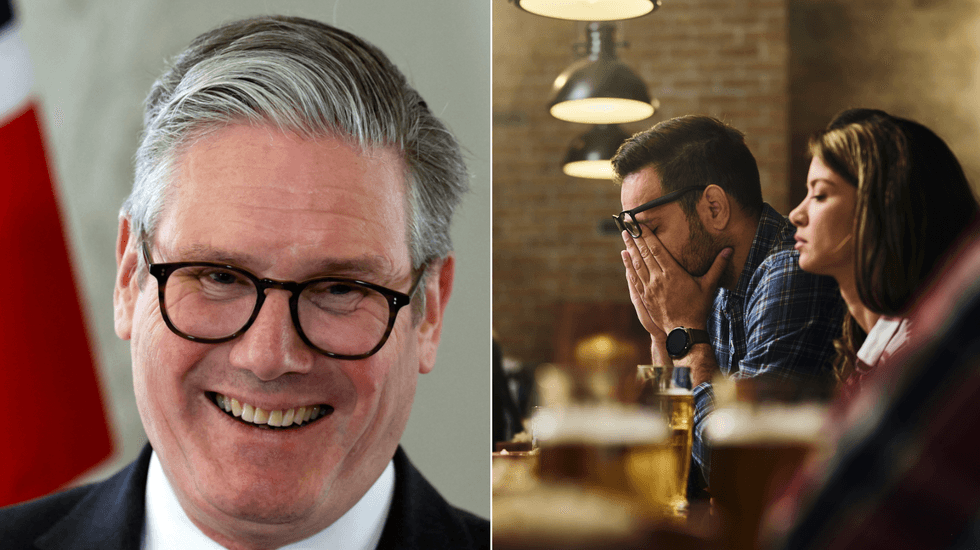 Keir Starmer (left), pubs drinking (right)