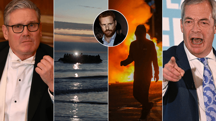Keir Starmer (left), small boat crossing (middle), riots (right), Nigel Farage (far right)
