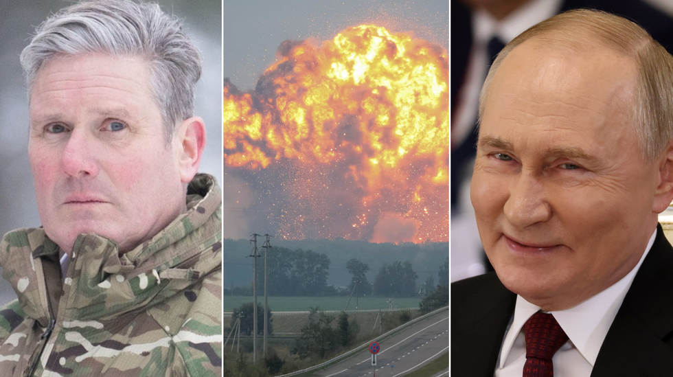 Keir Starmer (left), Ukraine explosion (centre), Vladimir Putin (right)