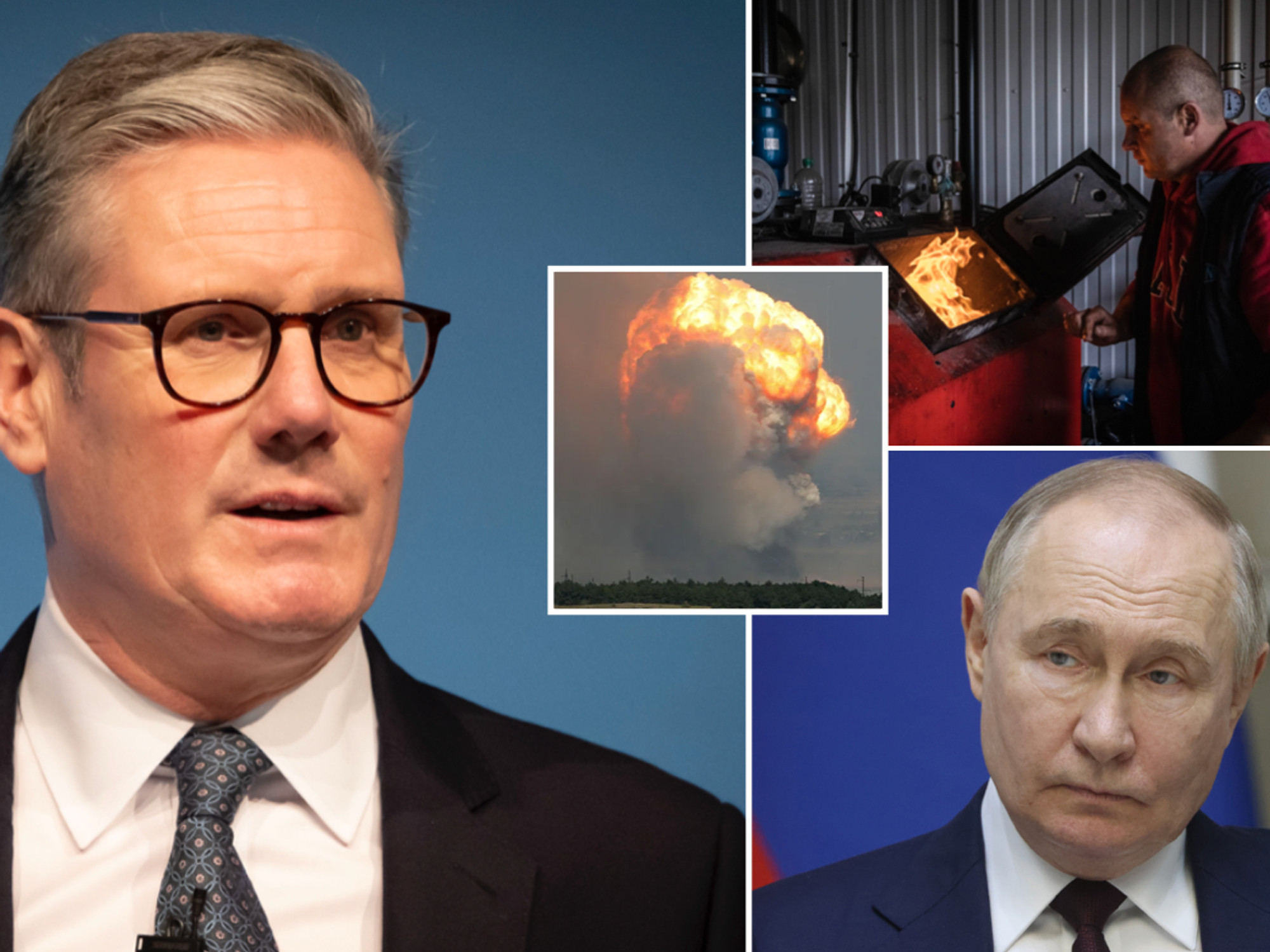 Keir Starmer (left), Ukrainian working in factory (top right), Putin (bottom right)