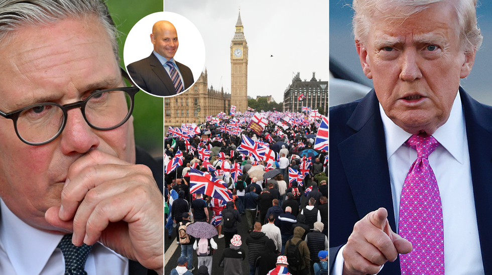 Keir Starmer (left), Unite the Kingdom rally on Saturday (middle), Donald Trump (right)
