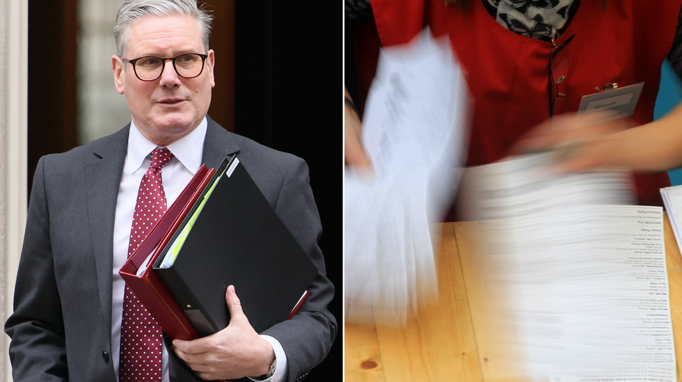 Keir Starmer (left), vote counting (right)