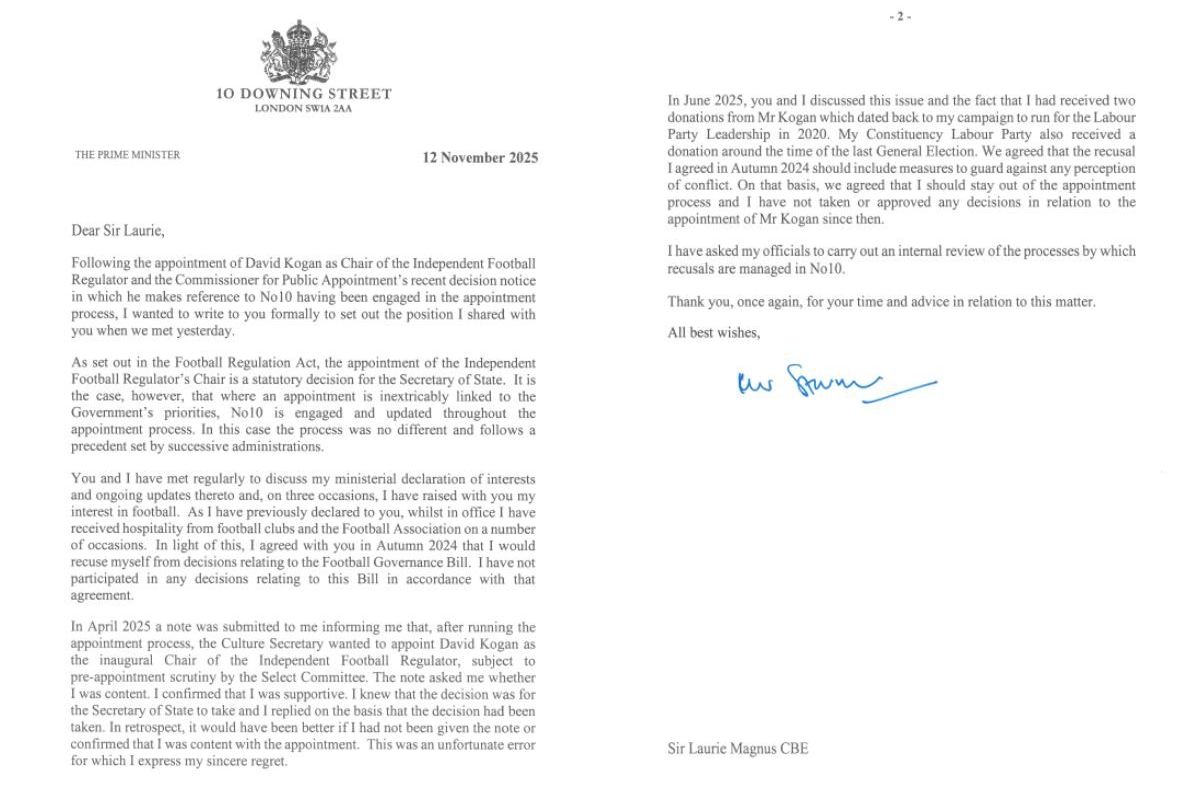 Keir Starmer letter to Sir Laurie Magnus
