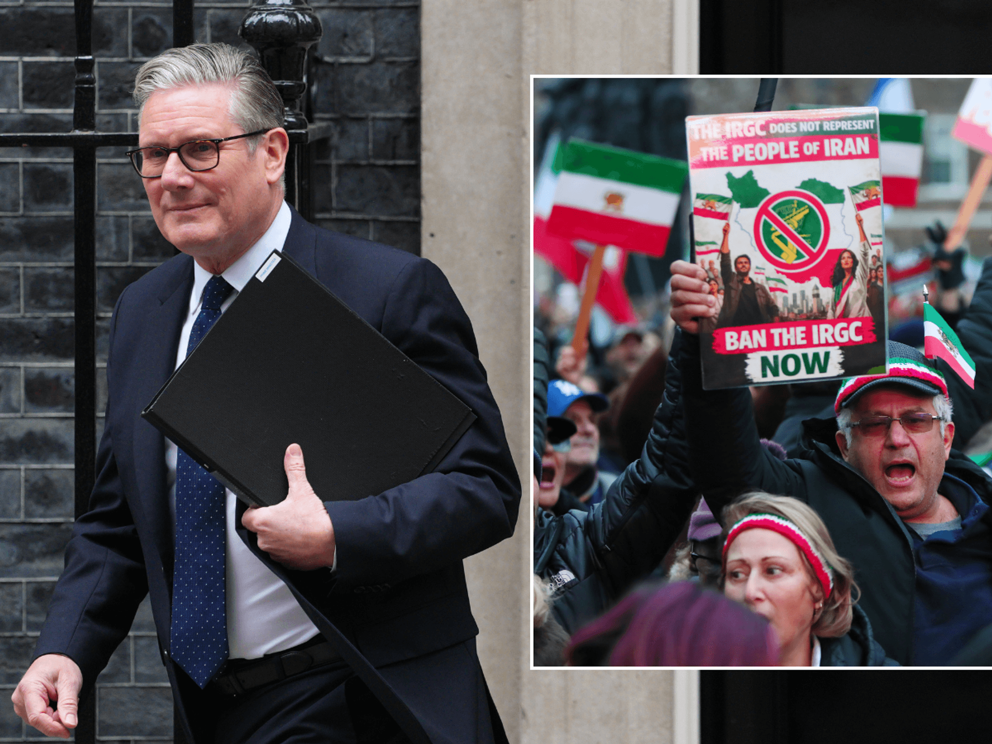 Keir Starmer outside No10; Protesters demanding the proscription of the IRGC in London
